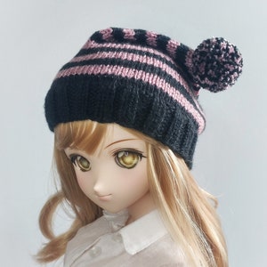Black and Purple  Striped Doll Hat, BJD Hat, Doll Hat with Pompom, Slouch Cap, Hand Knit Hat for BJD Doll 1/3 Scale Size, Doll Accessory
