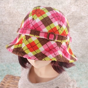 BJD Doll Plaid Corduroy Reversible Tulip Hat, Pink and Green Plaid Doll Hat with Buckled Band, Cloche Shape Hat, Cute BJD Doll Hat