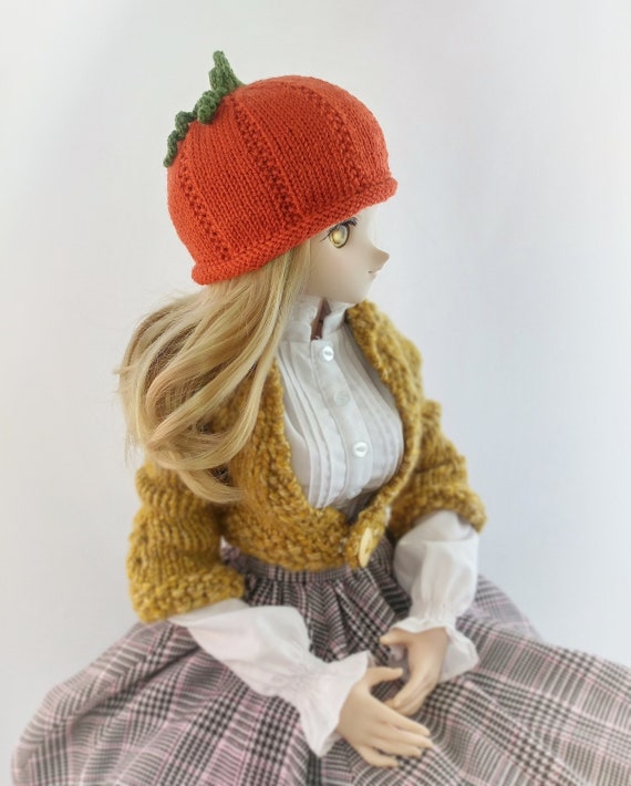 Orange Pumpkin Knit Hat for Doll, BJD Hat, Doll Hat, Hand Knit Hat for BJD Doll 1/3 Scale Size, Doll Accessory