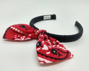 Red Paisley Doll Bow, Black BJD Headband with Red, White & Black Bow, Bandana Paisley, Miniature Headband, DD size Doll Bow, BJD Accessories