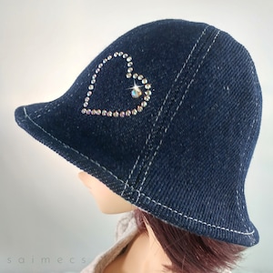 BJD Doll Denim and Whimsical Floral Reversible Tulip Hat, Swarovski Crystal Heart, Sweet Doll Hat, Cute BJD Doll Hat, BJD Accessories