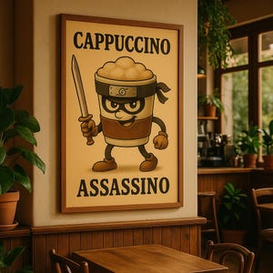 Vintage Poster – Cappuccino Assassino | Funny Coffee Brainrot Print | Retro Café & Kitchen Wall Art