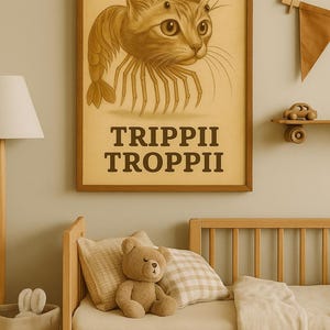 Trippi Troppi Poster – Vintage Brainrot Wall Art – Funny Cat Shrimp Print – Retro Nursery Decor – Printable Kids Room Poster
