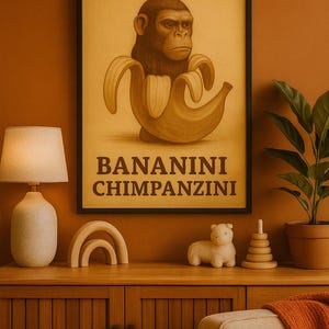 Bananini Chimpanzini Poster – Vintage Brainrot Wall Art – Funny Monkey Banana Print – Retro Kids Room Decor – Printable Nursery Poster