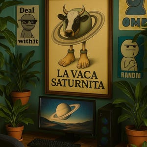 La Vaca Saturnita Poster – Surreal Brainrot Wall Art | Vintage Cosmic Cow Print | Funny Retro Digital Download