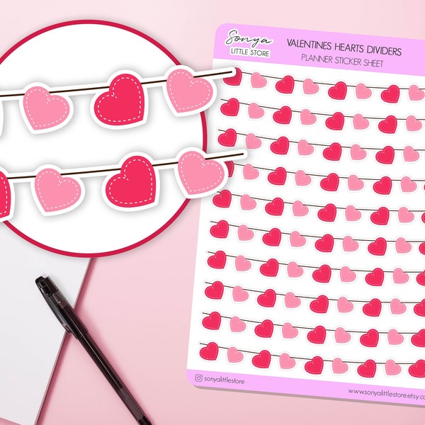 Valentine's day Hearts Dividers Planner Stickers | Hearts Borders | Love Hearts Garland Scrapbook Journal Diary Stickers