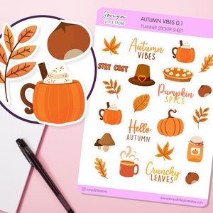 Cute Autumn Fall Pumpkin Planner Stickers Cosy Autumn Leaves Bullet Journal Sticker Sheet