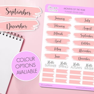 Adesivi per planner dei mesi dell'anno, stagioni, mesi, bullet journal, diario funzionale, foglio di adesivi