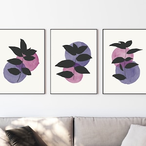 Violet Abstract Leaves Wall Print set of 3 | Poster Modern Botanical Art | Bedroom Home Decor