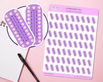 Puede incluir: Una hoja de pegatinas para planificadores con 72 paquetes de píldoras anticonceptivas moradas y blancas. La hoja de pegatinas está etiquetada como "Contraceptive Pills Planner Sticker Sheet".