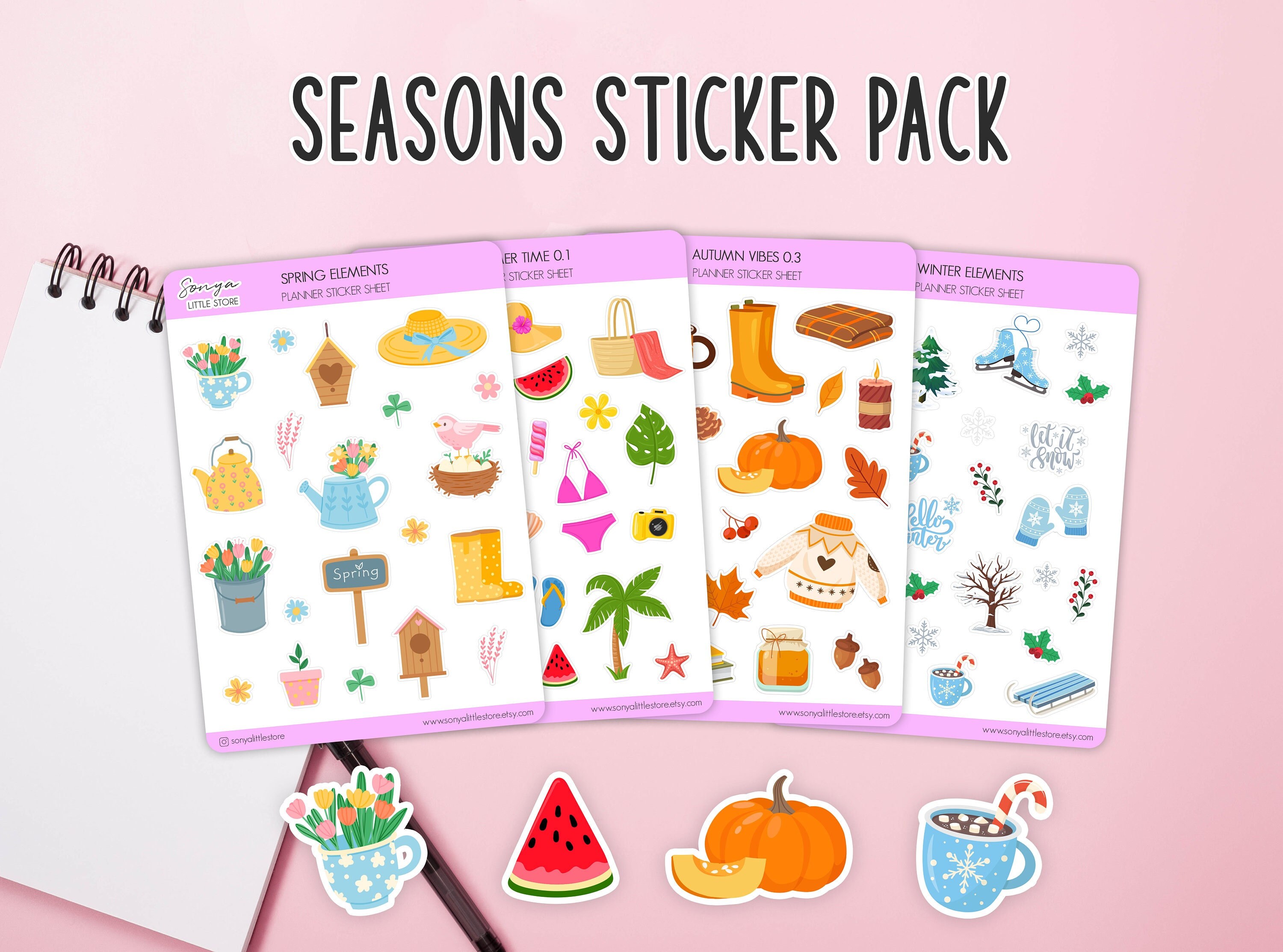 Four Seasons Planner Stickers Pack Bundle | Spring, Summer, Autumn/Fall, Winter Journal Calendar Diary Sticker Sheet - Image 1