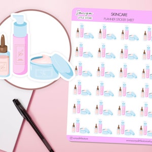 May include: A sheet of planner stickers featuring a variety of skincare products, including bottles of serum, lotion, and jars of cream. The stickers are white with blue and pink accents. The text "SKINCARE PLANNER STICKER SHEET" is printed at the top of the sheet.