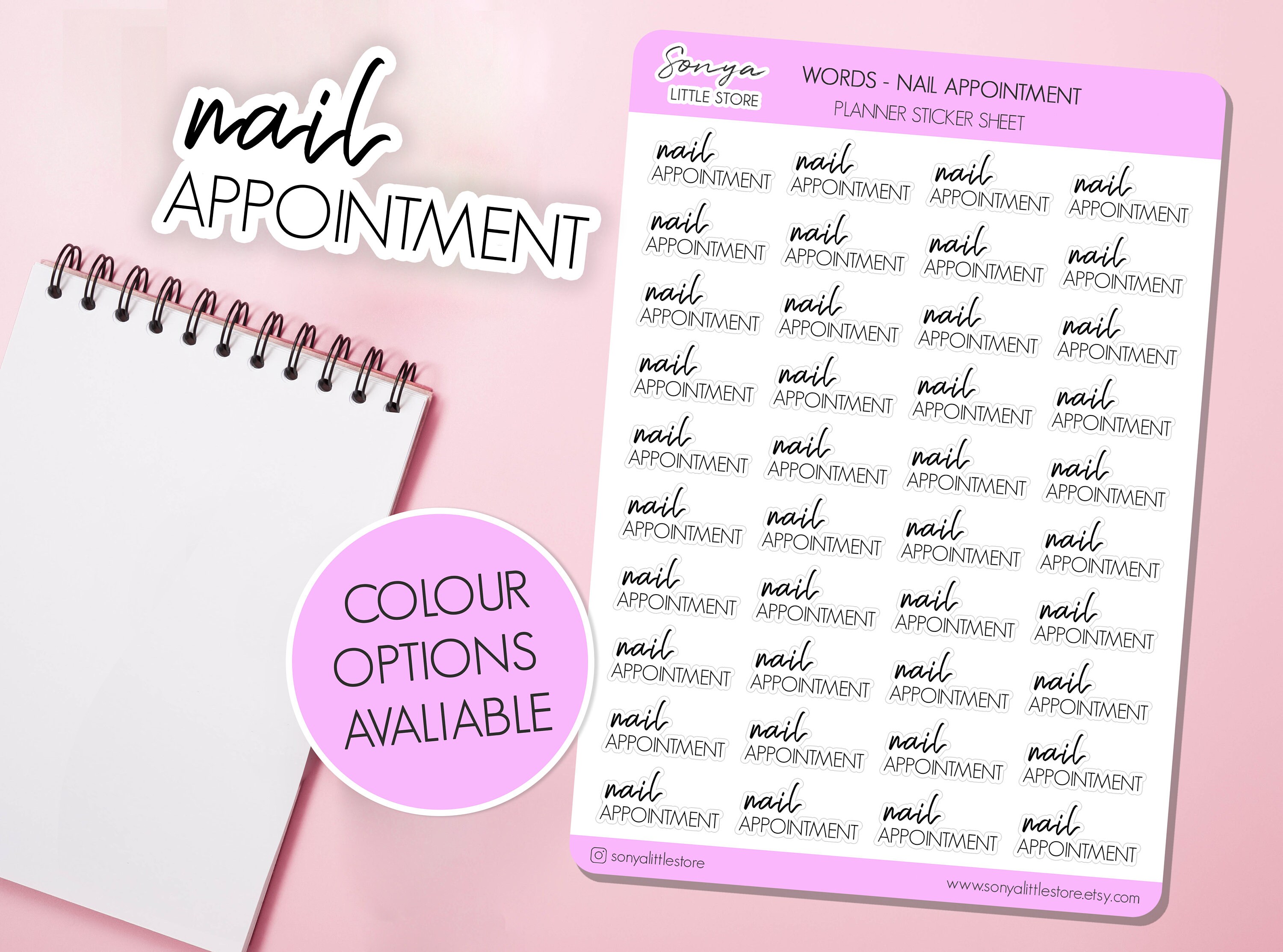 Nail Appointment Word Planner Stickers | Nails Manicure Appointment Script Stickers | Lettering Diary Journal Sticker Sheet