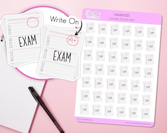 May include: A sheet of planner stickers with 48 white stickers featuring a checklist and the word "EXAM" in black text. The stickers are designed to be used for marking exams or tests in a planner.