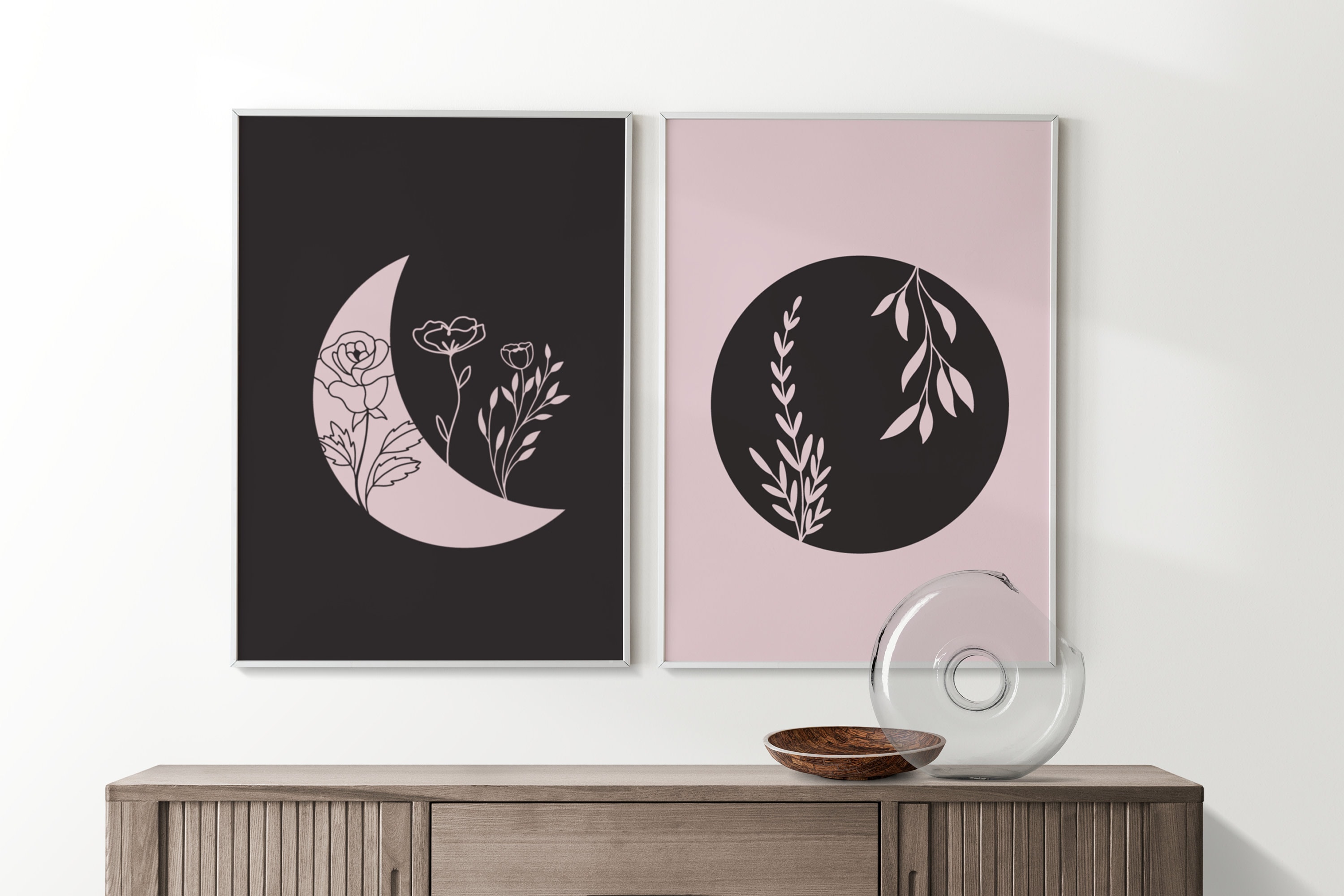 Moon and Flowers Wall Print Set of 2 | Moon Floral Minimalist Wall Art Poster | Living Room Bedroom Wall Decor | Home Decor A3