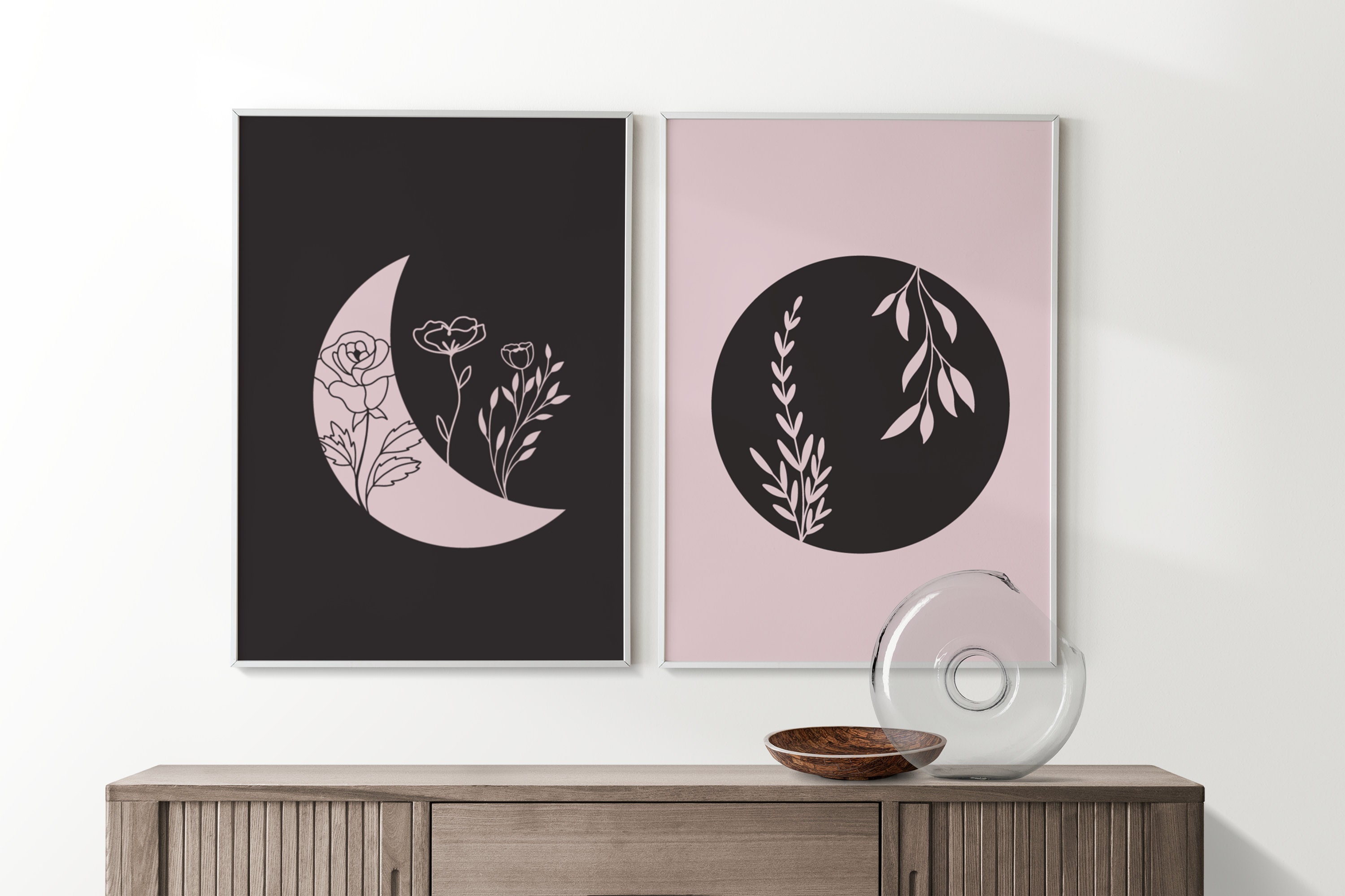 Moon and Flowers Wall Print Set of 2 | Moon Floral Minimalist Wall Art Poster | Living Room Bedroom Wall Decor | Home Decor A4 - Image 1