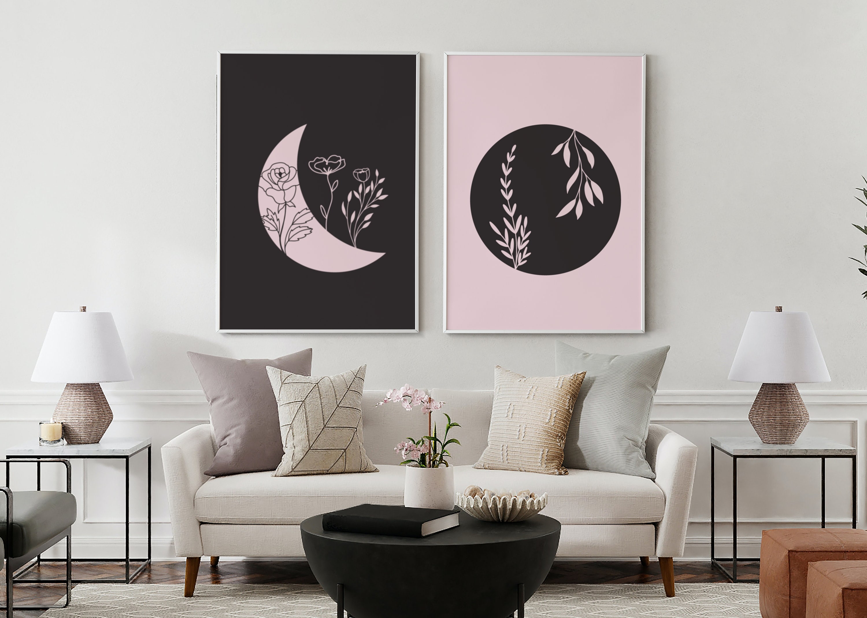 Moon and Flowers Wall Print Set of 2 | Moon Floral Minimalist Wall Art Poster | Living Room Bedroom Wall Decor | Home Decor A3 - Thumbnail 2