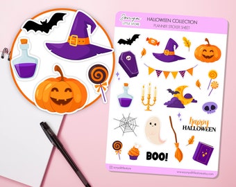 Halloween Collection Planner Stickers Pumpkin Ghost Spiderweb Witch Hat Autumn Spooky Season Trick or Treat  Bullet Journal Sticker Sheet