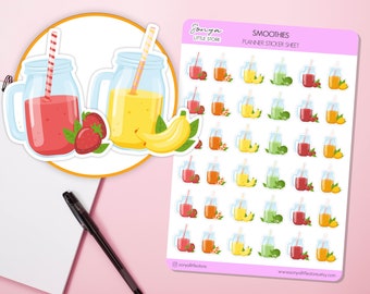 May include: A sheet of planner stickers featuring colorful smoothie illustrations in mason jars with straws. The stickers are labeled "Smoothies Planner Sticker Sheet" and feature a variety of fruit and vegetable combinations.