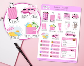 Holiday Checklist Planner Stickers Summer Vacation Travel To Do List Flight, Passport, Pack Suitcase, Transport Journal Sticker Sheet
