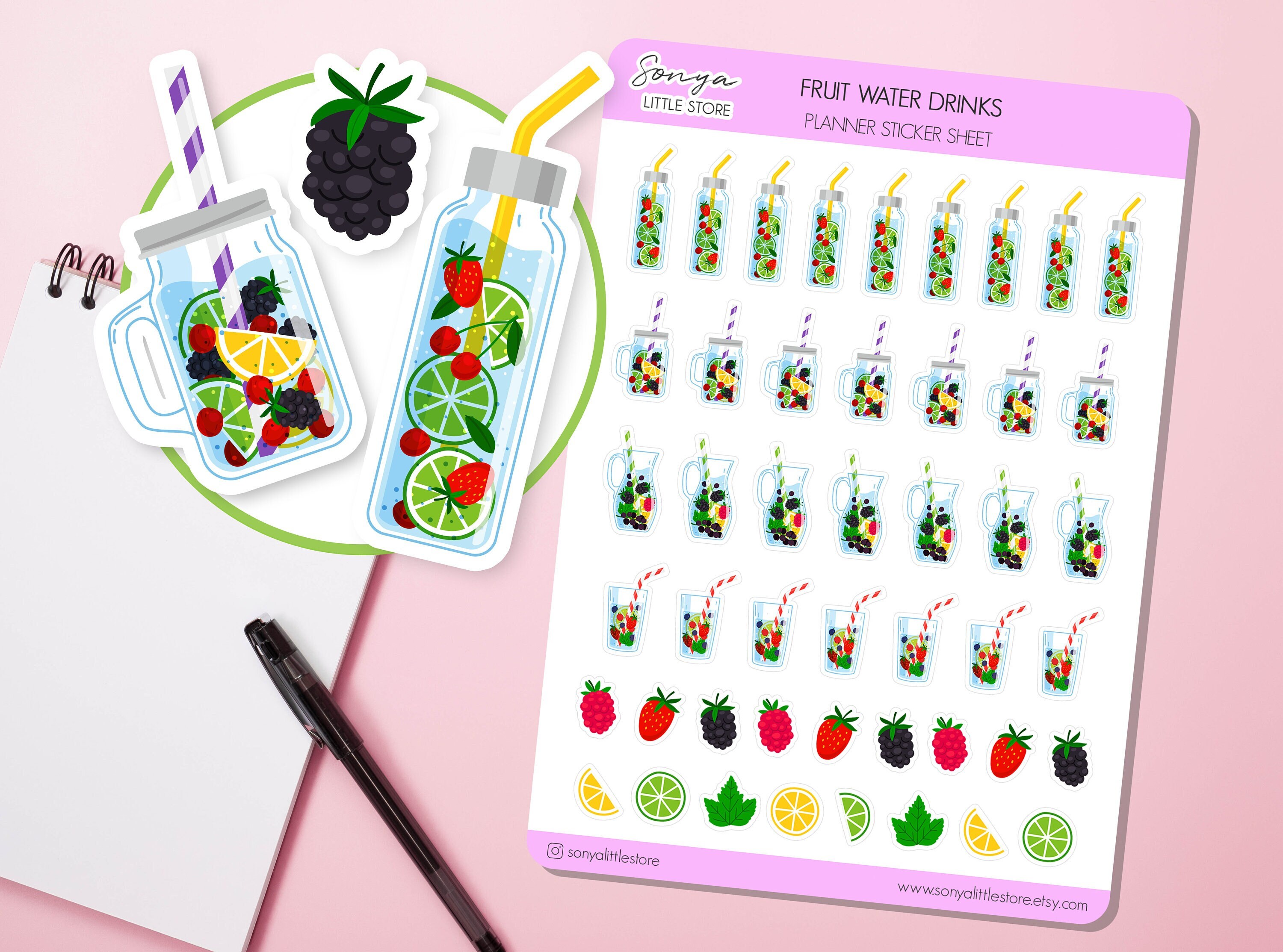Fruit Water Drinks Planner Diary Stickers |  Water and Fruit Stickers | Drink Water Reminder Stickers