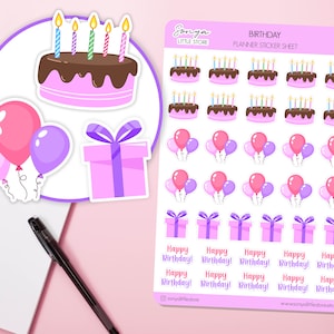 Stickers pour agenda d'anniversaire | Gâteau d'anniversaire, ballons, cadeaux | Feuille d'autocollants pour agenda de rappel d'anniversaire