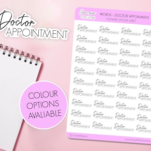 May include: A sheet of planner stickers with the words "Doctor Appointment" repeated 36 times in a black cursive font. The stickers are on a pink background with the words "Words - Doctor Appointment Planner Sticker Sheet" at the top.