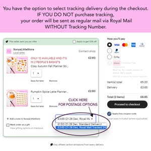 May include: Screenshot of an Etsy order checkout page. The page displays item details, including a "Cosy Autumn Fall Planner Sti..." and a "Pumpkin Spice Latte Planner...". Shipping options are shown, with a choice of tracked or standard delivery.