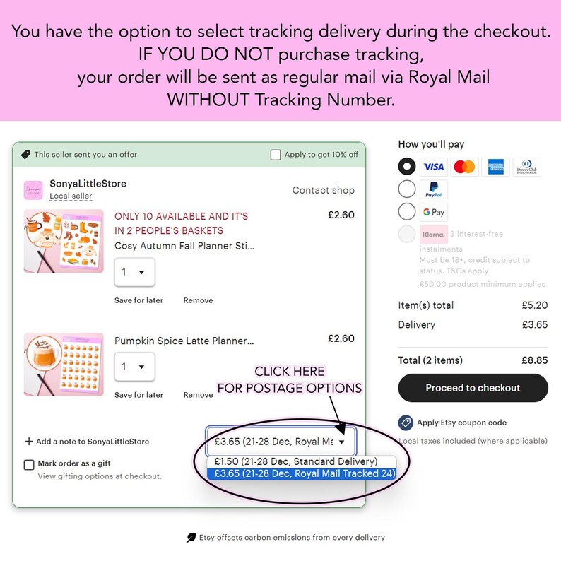 May include: Screenshot of an Etsy order checkout page. The page displays item details, including a "Cosy Autumn Fall Planner Sti..." and a "Pumpkin Spice Latte Planner...". Shipping options are shown, with a choice of tracked or standard delivery.