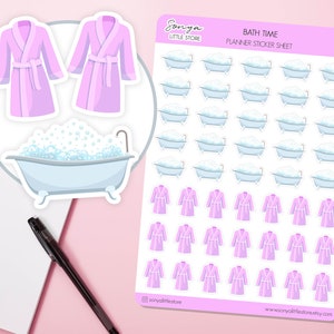 May include: A sticker sheet featuring illustrations of a bathtub with bubbles and a bathrobe. The sheet is titled "Bath Time Planner Sticker Sheet" and includes the text "Sonya Little Store".