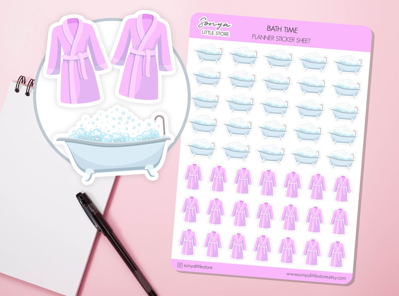 Bath Time Planner Stickers Bathrobe/Dressing Gown Selfcare Bubble Relax Journal Diary Sticker Sheet image 1