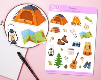 Camping Planner Stickers Outdoor Adventure, Hiking, Campfire, Tent, Fire, Forest Nature Icons Bullet Journal Sticker Sheet
