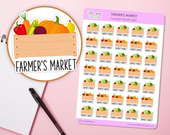 May include: A sheet of planner stickers featuring a farmer's market theme. The stickers are round and feature a wooden crate filled with various fruits and vegetables. The text "FARMER'S MARKET" is printed on each sticker.