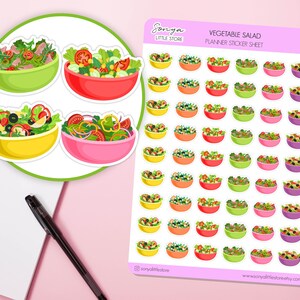 May include: A sheet of planner stickers featuring colorful illustrations of vegetable salads in bowls. The stickers include various salad combinations in green, red, yellow, and pink bowls. The sheet also includes the text "VEGETABLE SALAD PLANNER STICKER SHEET".