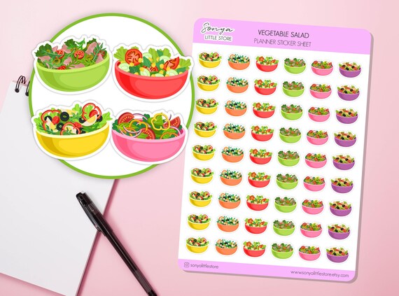 Vegetable Salad Planner Stickers Bowl Healthy Diet Cooking Food Meal Lunch Dinner Bullet Journal Sticker Sheet