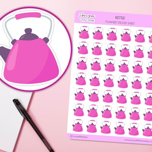 May include: A sheet of pink kettle planner stickers. The sheet has 49 stickers of pink kettles with a purple lid and handle. The text "KETTLE PLANNER STICKER SHEET" is at the top of the sheet.