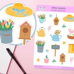 May include: A sticker sheet featuring spring-themed illustrations. The sheet includes a birdhouse, a bird in a nest, a watering can, a teapot, a hat, flowers in a bucket, a sign that says "Spring", and other spring-themed elements.