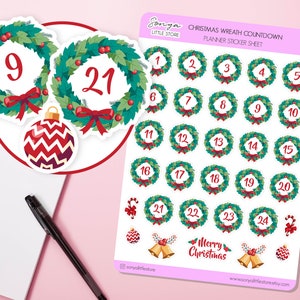 Christmas Wreath Countdown Planner Stickers Christmas Days Journal Diary Sticker Sheet