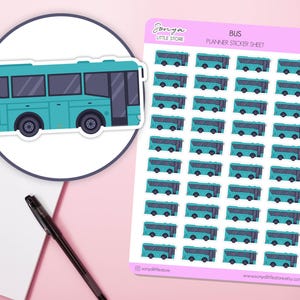 May include: A teal bus sticker and a sheet of bus planner stickers. The bus sticker is on a white circle. The planner sticker sheet has multiple teal bus stickers. The text "BUS PLANNER STICKER SHEET" is on the sheet. A black pen is on the pink background.