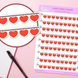 May include: Planner sticker sheet featuring rows of red heart string dividers. The sheet includes the text "Hearts String Dividers" and "Sonya Little Store". The stickers are designed with a white border and brown string.