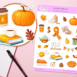 Stickers automne automne douillet pour agenda | Stickers feuilles d'automne | Feuille d'autocollants pour journal intime, bougies au chocolat chaud, thé à la citrouille, saison d'automne