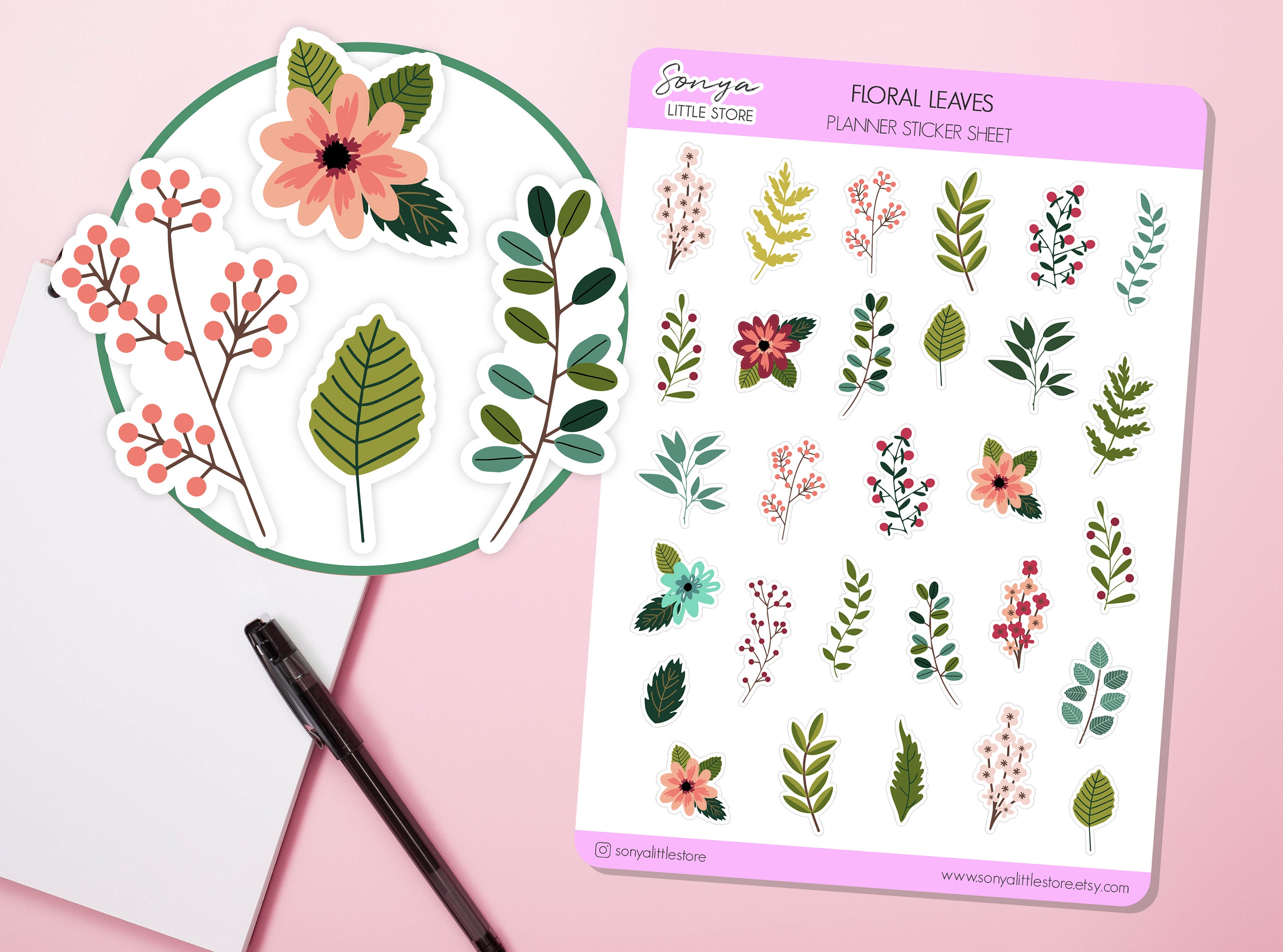 Floral Leaves Planner Stickers | Minimalist Spring Floral Stickers | Floral Decorative Journal Diary Sticker Sheet - Image 1