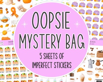 Pegatinas de bolsa misteriosa Oopsie - Hoja de pegatinas para planificador con diseño de bolsa de sorpresas imperfectas, para Bullet Journal, álbum de recortes, decoración