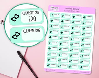 Clearpay Afterpay Payment Due Planner Stickers Bill Installment Reminder Finance Money Budget Sticker Sheet