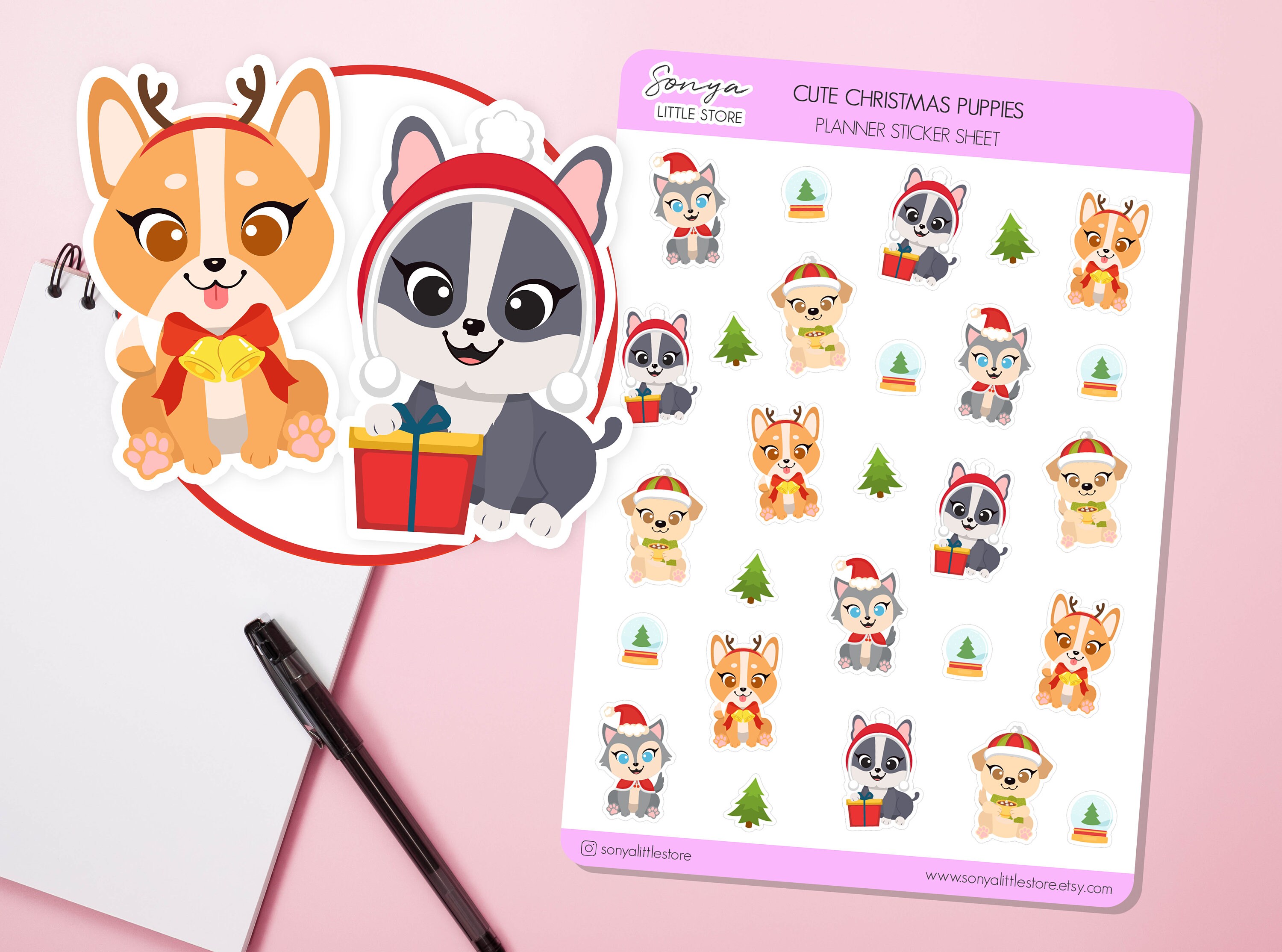 Cute Christmas Puppies Planner Stickers Christmas Animals Dogs Journal Diary Sticker Sheet - Image 1