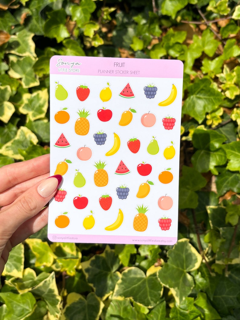 May include: A sheet of fruit planner stickers with a variety of fruits including watermelon, pineapple, mango, banana, strawberries, apples, pears, lemons, oranges, and raspberries. The sticker sheet is pink and white with the text "Fruit Planner Sticker Sheet" and "Sonya Little Store" printed on it.