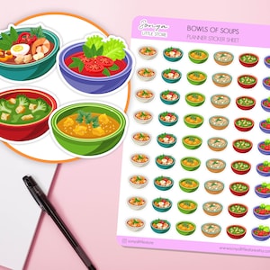 Adesivos para planejador de tigelas de sopas, sopa de ramen, dieta saudável, culinária, comida, refeição quente, almoço, jantar, folha de adesivos para diário de marcadores