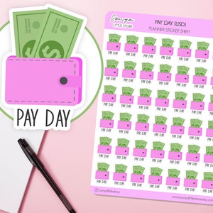 Zahltag USD Planer Aufkleber | Löhnen Scheck Dollar Tagebuch Journal Etiketten | Geld Brieftasche Wage Scrapbook Sticker Blatt