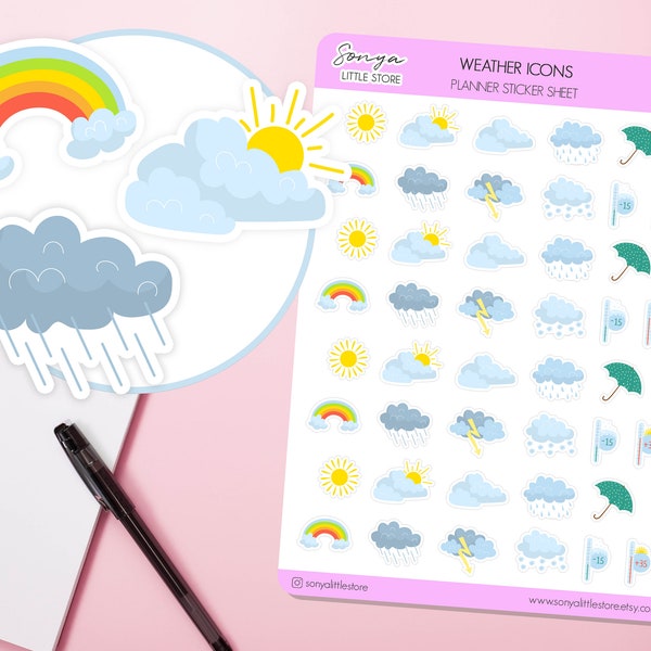 Weather Icons Planner Stickers | Weather Tracker Stickers | Weather-Sunny/Cloudy/Rainy Stickers | Weather Forecast Journal Diary Stickers