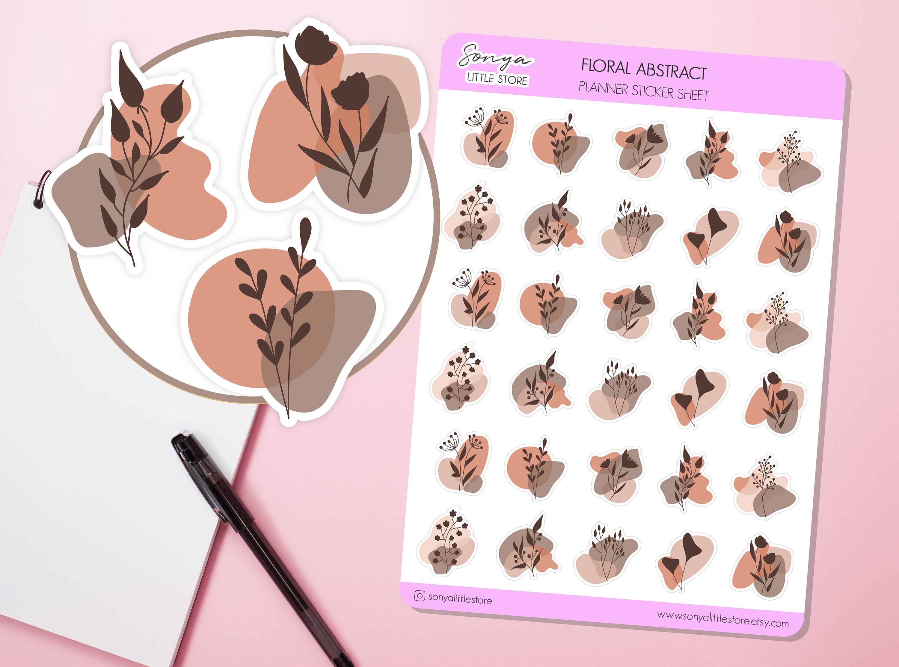 Floral Abstract Planner Stickers | Mimalist Planner Stickers | Line Drawing Decorative | Neutral Nude Beige Aesthetic Journal Stickers - Image 1